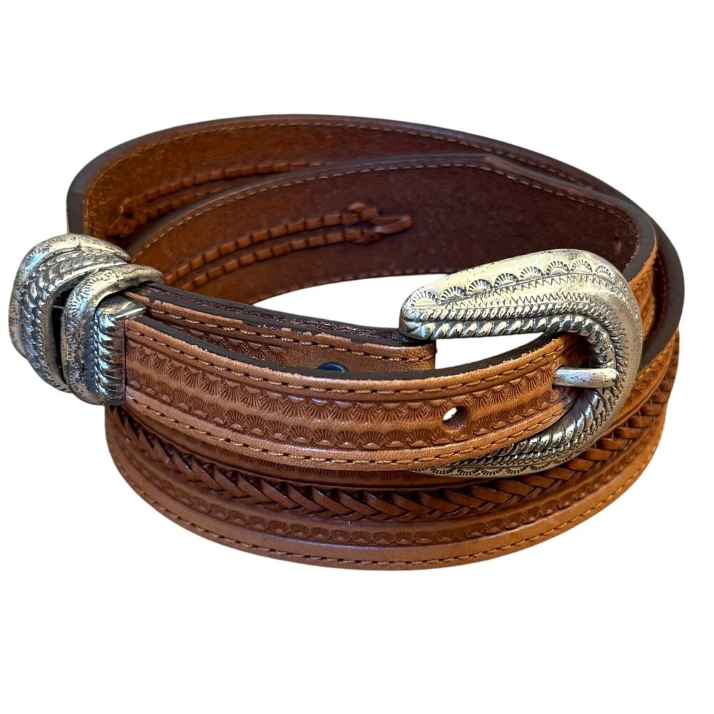 Tony Llama Western Belt Leather Braided Embossed Silver Buckle Cowboy Size 28
